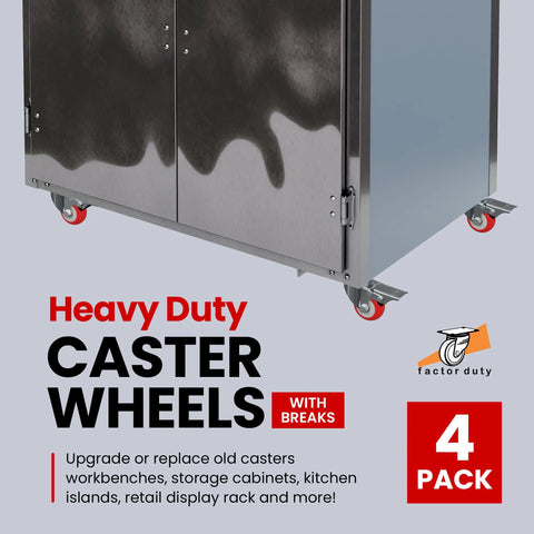Heavy duty cabinet with Four Pack Swivel Plate Caster Wheels With Brakes In Red Polyurethane, 3 Inch Locking Casters for smooth movement