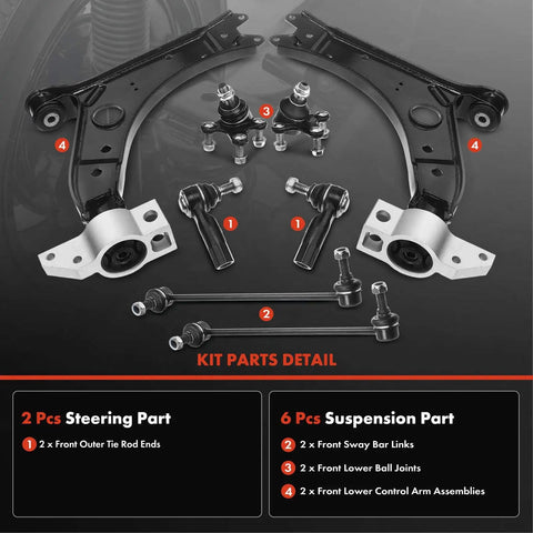 Eight Piece Front Suspension Upgrade Kit With Rock Solid Lower Control Arms And Ball Joints For Audi A3 And Volkswagen Jetta Models, parts layout.