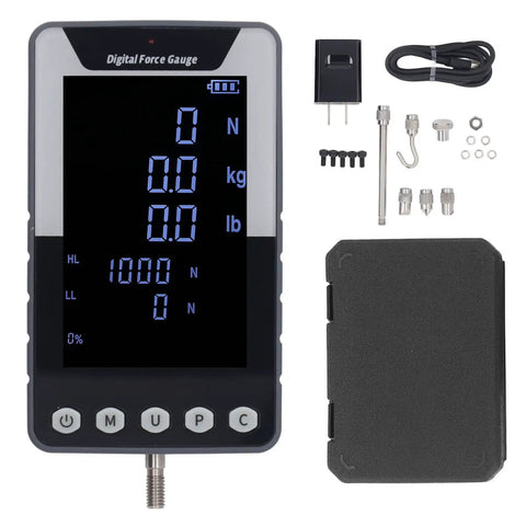 No Sweat Handheld Dynamometer With Drop Dead Easy Digital Force Gauge For Quick Push Pull Thrust Checks And Solid Tension Readings Across Three Slick Measurement Modes showing display and accessories.