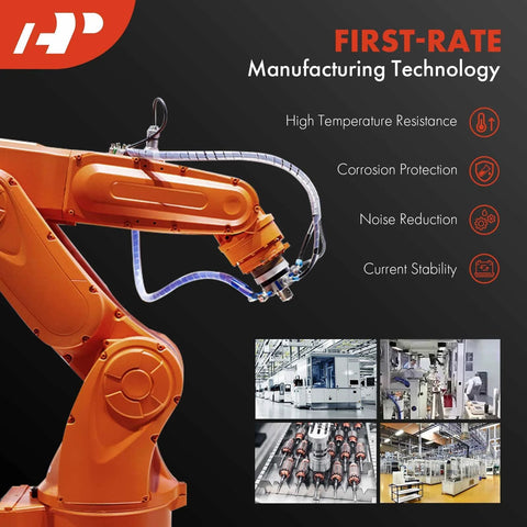 Orange industrial robotic arm emphasizing manufacturing technology with images of factory setups and technological highlights.