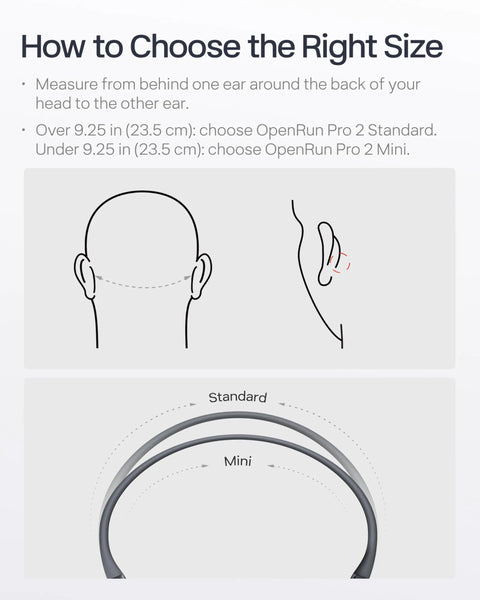 Instructions for choosing size for Next Level Open Ear Bone Conduction Bluetooth Sport Headphones in Black.