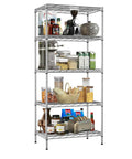 Heavy Duty Five Tier Wire Shelving Unit Rock Solid Chrome Metal Storage Rack With Quick Adjustable Levels Zero Fuss Assembly For Kitchen with food items.