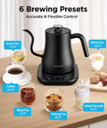Gooseneck Electric Kettle With Next Level Temperature Control And Mute Mode, 0.8L Pour Over Kettle For Coffee And Tea, 1200W Quick Heating Stainless Steel Boiler, Keeps Warm For Four Hours, Matte Black shown with brewing presets on a kitchen counter.