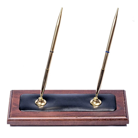 Dual pen holder from Walnut And Black Leather Desk Set, 10-Piece Office Organizer Kit, Top-Grain Leather With Walnut-Stained Rosewood.