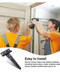 Workers installing Six Pack 4 Inch T Strap Hinges Built Tough Rustic Black For Windows, Fences, Barn Doors and Gates