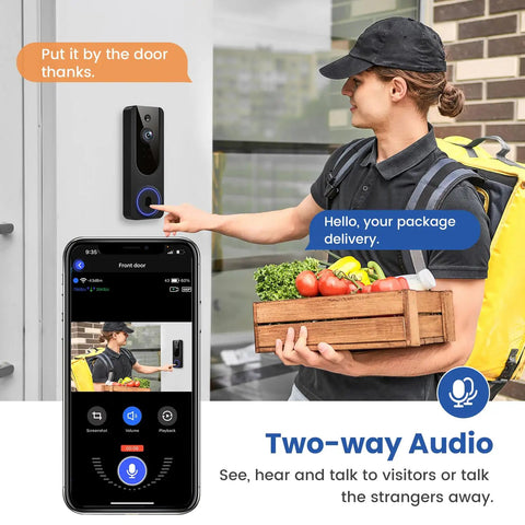 1080P WiFi Video Doorbell Camera Battery Powered With Smart AI Human Detection, two-way talk in use with delivery person visible