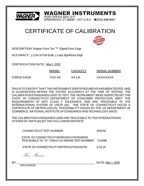 Certificate of Calibration for Kickass Handheld Digital Force Gauge With Pistol Grip Measures Up To 25 Lbf dated May 1, 2020.