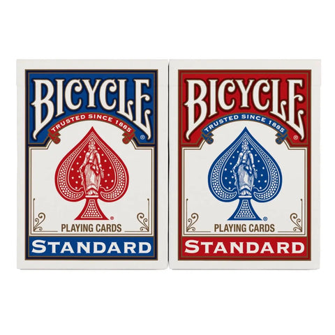Standard Two Pack Playing Cards In Red And Blue Optimized For Tight Fan And Buttery Smooth Shuffle Heavy Duty Stock Built Like A Tank For Relaxed Handling During Cash Games And Tabletop Hangouts, displayed in boxes.