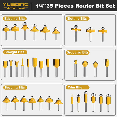 Router Bit Set For Woodworking With One Quarter Inch Shank 35 Piece Kit showing different bit types and sizes