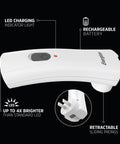 Image of Six Pack Auto On Rechargeable LED Flashlights for Power Outages showing LED charging light and retractable sliding prongs.