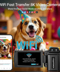 8K Ultra HD Video Camera Camcorder with WiFi, smartphone and dog with party hat, ideal for YouTube vloggers and social media.