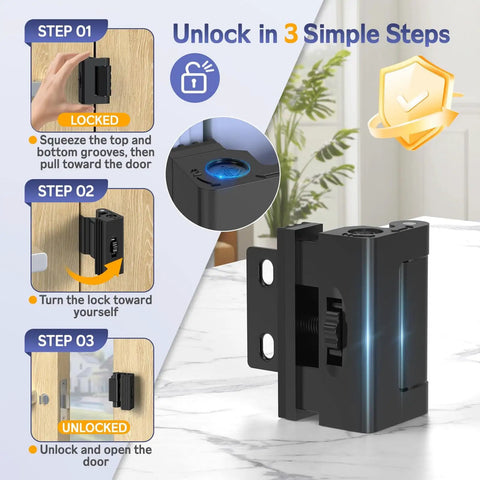 Built Tough Heavy Duty Door Reinforcement Lock For Inward Swinging Doors Screw Mounted Safety Latch With 800 Lb Strength Aluminum Alloy Build Adjustable Knob Ideal For Apartments And Hotels Black 1 Pack shown with unlocking steps