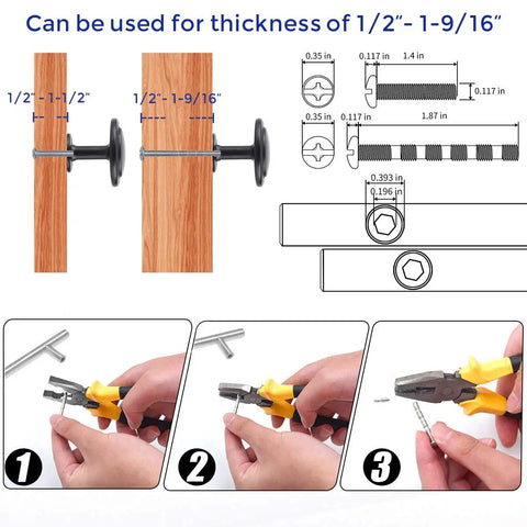Dang Slick Matte Black Finish Round Cabinet Knobs Zinc Hardware specs and installation guide for 1/2" to 1-9/16" thickness.