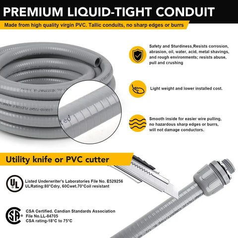 Two 25 Foot Liquid Tight Conduit And Connector Kit With Flexible Non Metallic PVC Conduit And Five Straight Plus Three 90 Degree Fittings For No Hassle Wire Pulling And Quick Install product features and benefits