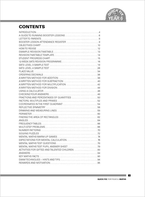 Contents page of the Sixth Grade Math Quick Fix Study Guide, detailing math topics like fractions, decimals, and geometry.