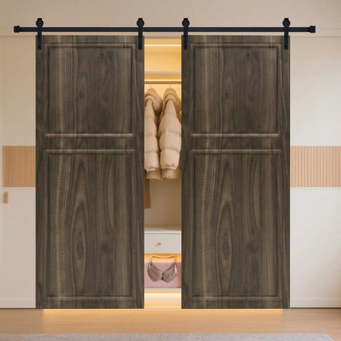 Slick Double Sliding Barn Door With Full Hardware Kit Included, 2 Panel Interior Closet And Bedroom Track Set, Heavy Duty HDF Core, Deep CNC Carved Panels, And Seriously Quiet Sound Dampening For Modern Spaces.