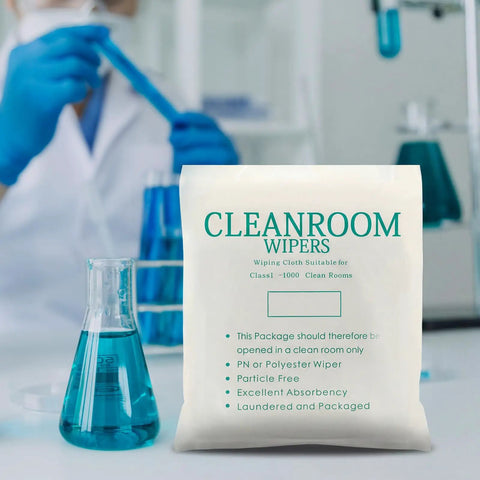 Pro Grade Cleanroom Microfiber Wipes 100 Pack in laboratory with beakers and scientist, 6x6 inch, sealed edge