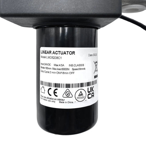 Solid Replacement Power Recliner Actuator Motor Model LMD6208C1 linear actuator with specifications and label for electric sofa lift chair.