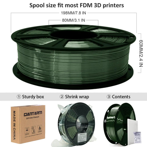 Shiny Silk Green PLA Filament For 3D Printers 1.75Mm Diameter 1Kg Spool with dimensions for FDM machines.