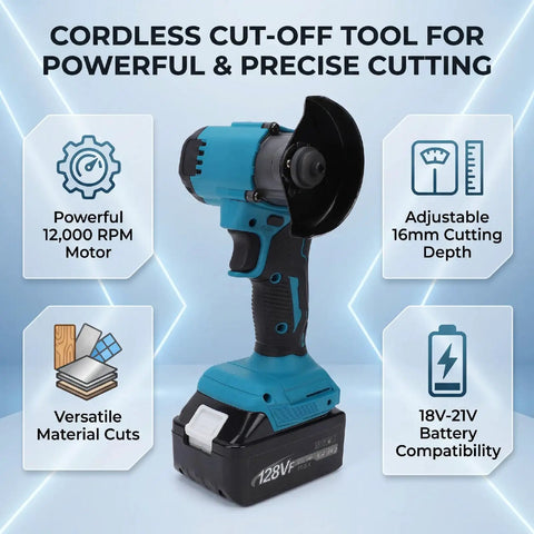 Pro Grade Cordless Cut Off Tool And Compact Angle Grinder Combo With Variable Speed Control showcases 12,000 RPM motor and adjustable depth.