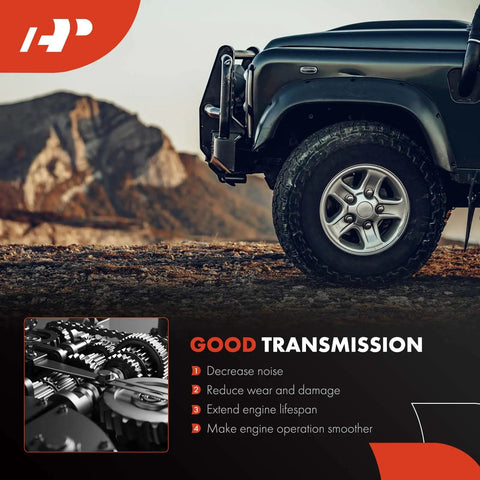 Black SUV with rugged tires by mountains, featuring a diagram labeled 'Good Transmission' with benefits like noise reduction and durability.