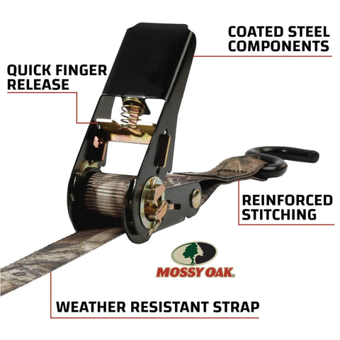 Mossy Oak Break Up Infinity Camo 1 Inch By 8 Foot Ratchet Tie Down Straps showing coated components and reinforced stitching.