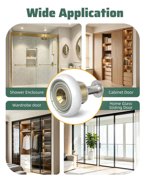 Heavy Hitter Sliding Shower Door Rollers Replacement Kit With Silky Smooth Nylon Wheels and Heavy Duty Brass Shafts shown in use for various door applications.