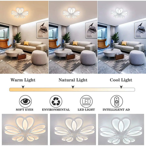 Lit 80W LED Ceiling Light With Remote Control Dimmable Modern Flower Shape in warm, natural, and cool light settings