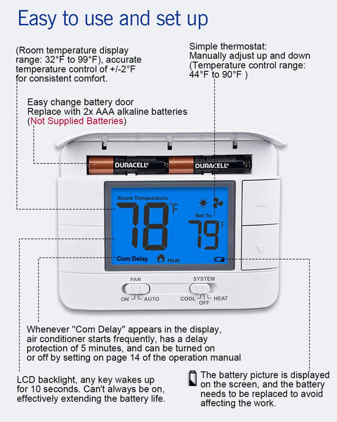 Non Programmable Thermostat For Home 24V 1 Heat 1 Cool Single Stage HVAC Control With Humidity Display and LCD Blue Backlit Screen