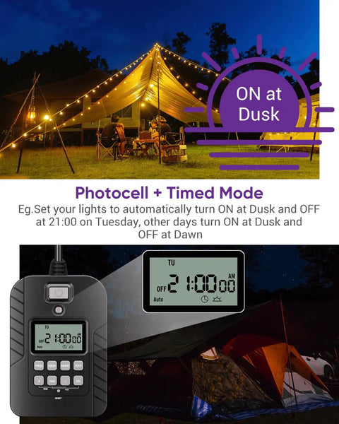 Rock Solid Outdoor Programmable Timer Featuring Weather Sealed Dual Grounded Outlets And Automatic Photocell Switches For Porch Lighting Run Two Gadgets At Once Zero Headaches Rain Or Shine Handles The Heavy Workload Daily digital control panel with dusk to dawn settings and outdoor lighting setup