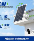 Heavy Duty 8W Solar Panel For Outdoor Security Cameras Waterproof Portable Charger with adjustable 90° panel on wall mount.