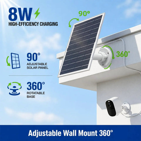 Heavy Duty 8W Solar Panel For Outdoor Security Cameras Waterproof Portable Charger with adjustable 90° panel on wall mount.