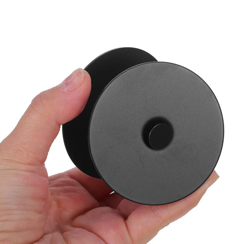 Heavy Duty Stainless Steel Decorative Deadbolt Cover Plate For Entry Doors With Slick Black Round Filler in hand for size reference.