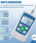 Digital Push Pull Force Gauge 500N With Real Time Peak And First Peak Modes Reads In N Lb Kg Oz With 0.1N Resolution Auto Shutoff 2 AAA Batteries Included Max Load 50Kg 110Lb 1800Oz Four Units Display For Precise Tension And Pull Tests. 4-unit display with unit switch button and hook