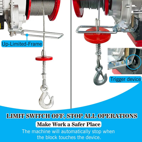 Handle Heavy Lifting Jobs Like A Pro With This Two In One Electric Hoist Featuring Dual Wired Wireless Remotes 328 Foot Range 110 Volt Motor And Rock Solid 1320 Pound Capacity showing limit switch and trigger device.