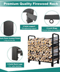 Heavy Duty 4 Foot Firewood Rack For Indoor And Outdoor Use with steel frame and log storage, black finish, detailed features displayed.