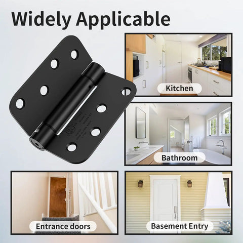 Pro Heavy Duty Self Closing Door Hinges 4 Inch 2 Pack Spring Loaded shown in kitchen, bathroom, entrance, and basement entry applications.