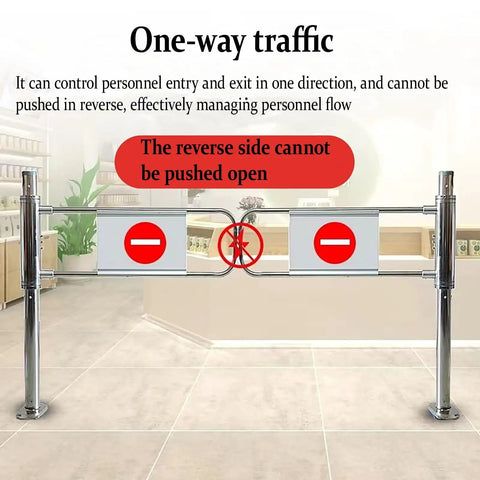 Rock Solid Automatic Swing Gate With Spring Self Closing Mechanism Heavy Duty Security Barrier For Pets Kids And Outdoor Patios one-way traffic control gate in a commercial setting.