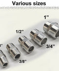 Assorted sizes of stainless steel male hex nipple fittings, including Three Quarter Inch NPT Male Hex Nipple Fittings Set.