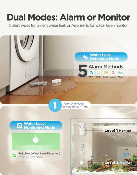 Upgraded Smart Water Leak Detector 1S with 4.92 ft sensor cable in use near washing machine and tank, showing dual modes.
