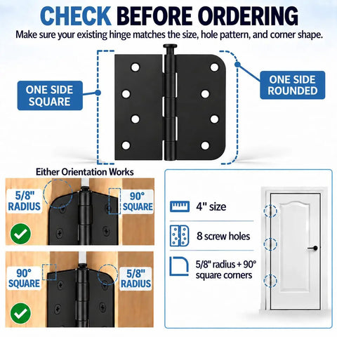 6 Pack Matte Black 4 Inch Door Hinges For Exterior Heavy Duty Iron Construction Tough As Nails With Every Screw Needed For Quick Install diagram showing hinge orientation and size options