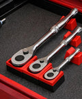 Built Tough Magnetic Ratchet Organizer Set, 3-Piece, Holds 1/4 Inch, 3/8 Inch, and 1/2 Inch Ratchets, in a red tool drawer
