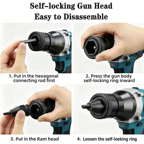 Instructions for Self-locking Gun Head disassembly, highlighting connection steps for Fully Automatic Cordless Rivet Nut Gun Featuring Electric Drive And Rapid M3 To M12 Mandrels Offers No Sweat Performance For Mechanics Looking For Killer One Trigger Fabrication Setup.
