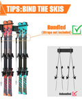 Badass Heavy Duty Garage Wall Mount Ski Rack Holds 4 Pair Wide Or 8 Pair Narrow Skis, showcasing bundled skis with hooks.