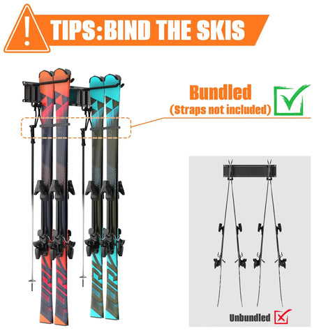 Badass Heavy Duty Garage Wall Mount Ski Rack Holds 4 Pair Wide Or 8 Pair Narrow Skis, showcasing bundled skis with hooks.