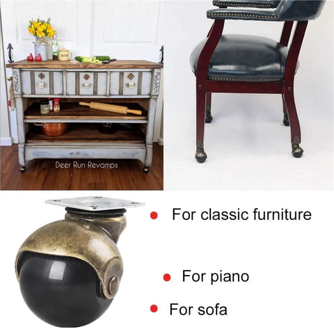 2 Inch Vintage Brass Swivel Caster Wheels Equipped With Reliable Roll Lock Brakes Set Of Four For Sturdy Home Furniture Upgrades And Living Room Tables Rollin Silently Smooth, showcased on vintage furniture and a chair.