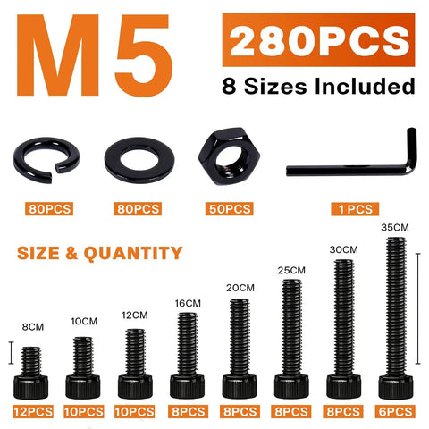 Top Shelf M5 Socket Head Cap Screw Assortment Kit, 280 Piece Metric Fastener Set, 8 To 35mm Lengths, various screw sizes and types displayed.