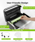 Globefish Technology Vacuum Sealer Machine for home kitchens showing built-in cutter and bag storage with starter kit items.