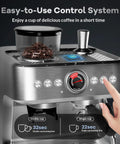 Upscale Semi Automatic Espresso Machine With Built In Grinder And Quick Milk Frother For Straight Up Cafe Quality Shots 85 Oz Removable Tank Solid Stainless Steel Finish with easy control system and display.