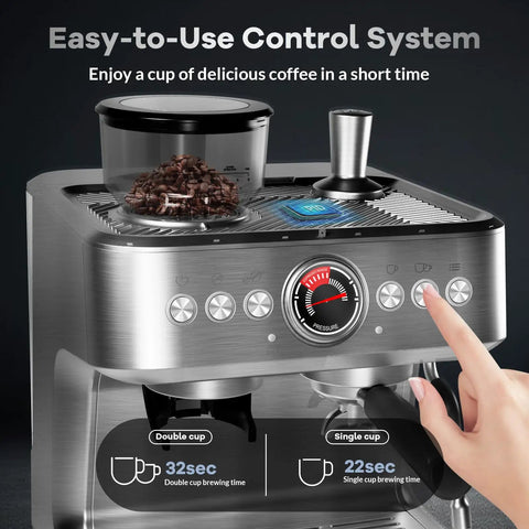 Upscale Semi Automatic Espresso Machine With Built In Grinder And Quick Milk Frother For Straight Up Cafe Quality Shots 85 Oz Removable Tank Solid Stainless Steel Finish with easy control system and display.